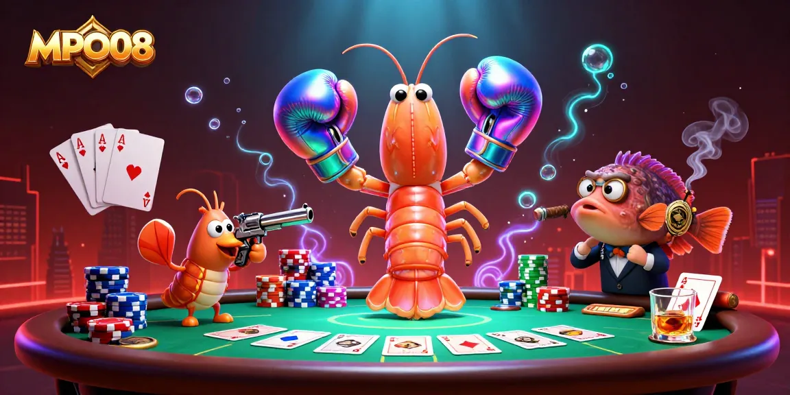 Experience thrilling poker action with colorful characters in MPO08 casino scene.