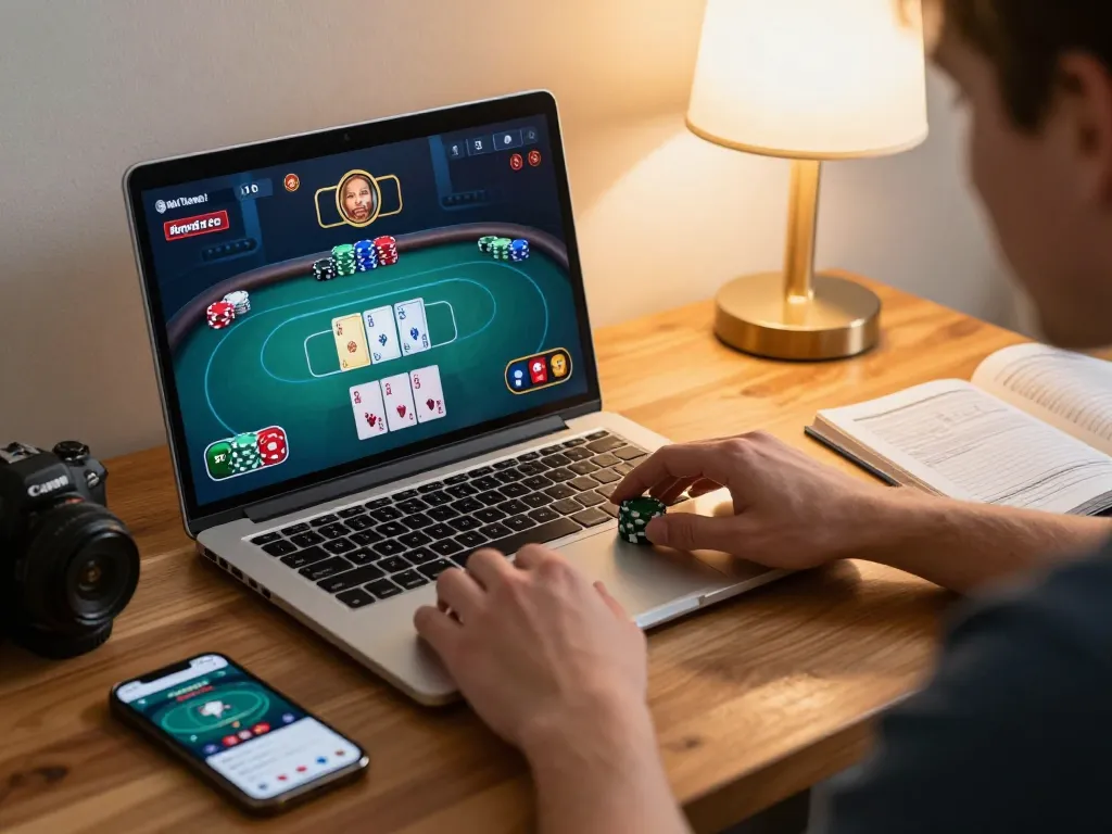 Engaging poker gameplay on UGDEWA site with laptop and strategy notes in cozy setting.