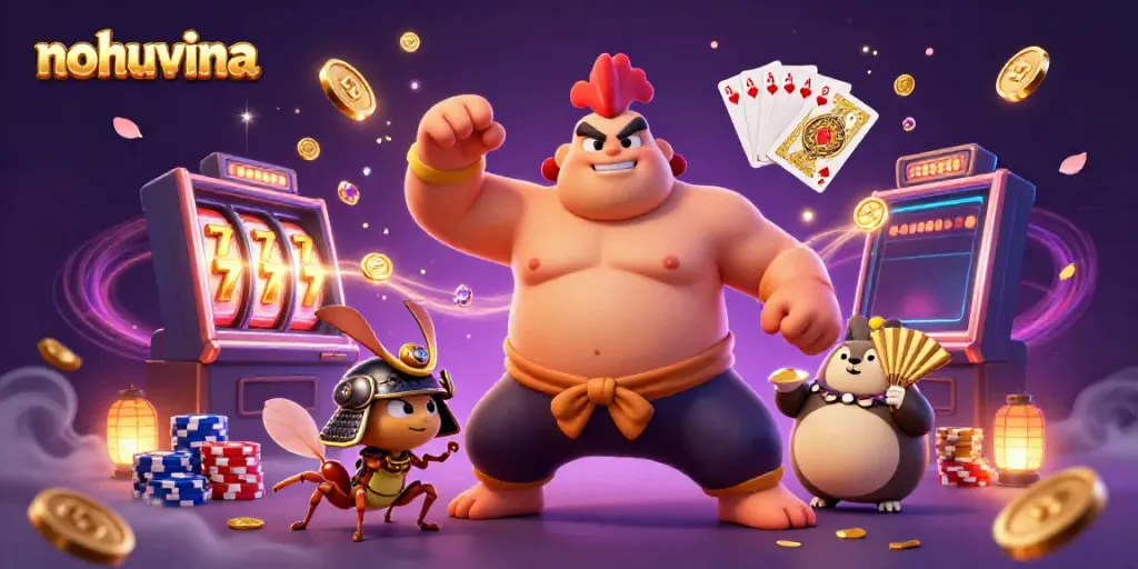 NohuVina presents an engaging scene with a powerful sumo rooster and vibrant casino elements showcasing slots and jackpots.