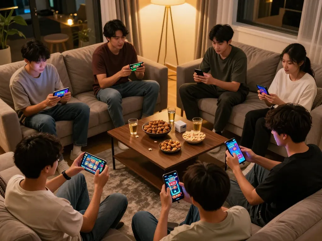 i9bet online gaming action capturing players immersed in vibrant casino games on mobile screens in a cozy setting.