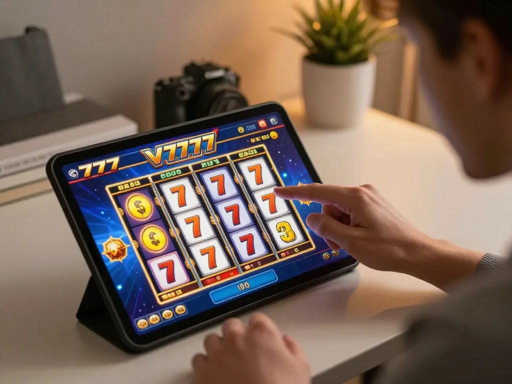Permainan yang menarik di aplikasi mobile slot777 menyoroti pemain yang siap memutar reel untuk mendapatkan kemenangan besar.