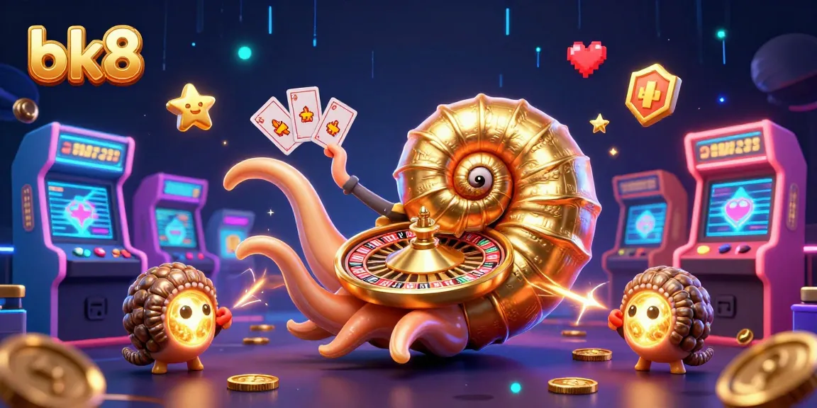 Win big on bk8 with a vibrant 3D casino scene featuring a giant nautilus as a roulette wheel and glowing gaming elements.