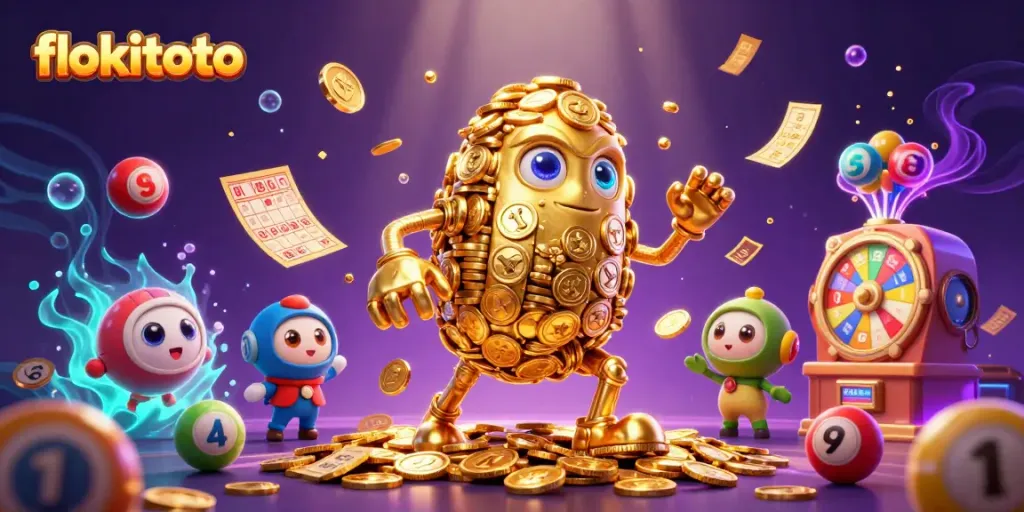 Engage with flokitoto's vibrant casino scene featuring a golden golem surrounded by dynamic game elements.