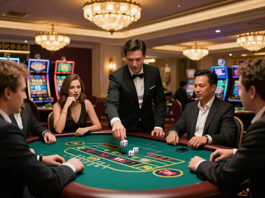 Tài Xỉu players excitedly engaging in a dice game at a luxurious casino table.