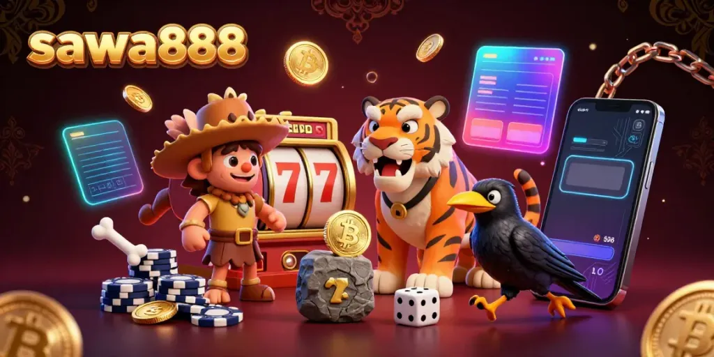 Experience thrilling gaming adventures with sawa888 as cartoon characters navigate a vibrant prehistoric casino.