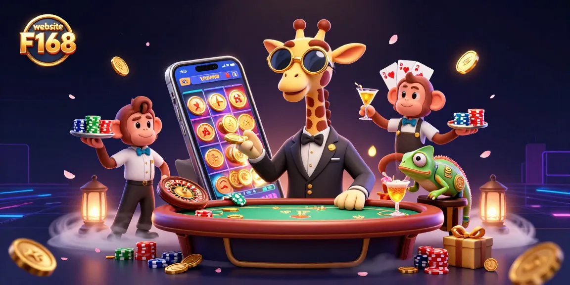 Play exciting games at website F168 with vibrant casino characters and dynamic gambling elements.