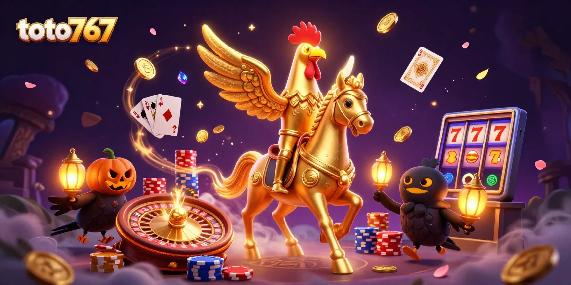 Permainan toto767 menarik perhatian dengan simbol jackpot yang berkilauan dan suasana casino yang meriah.