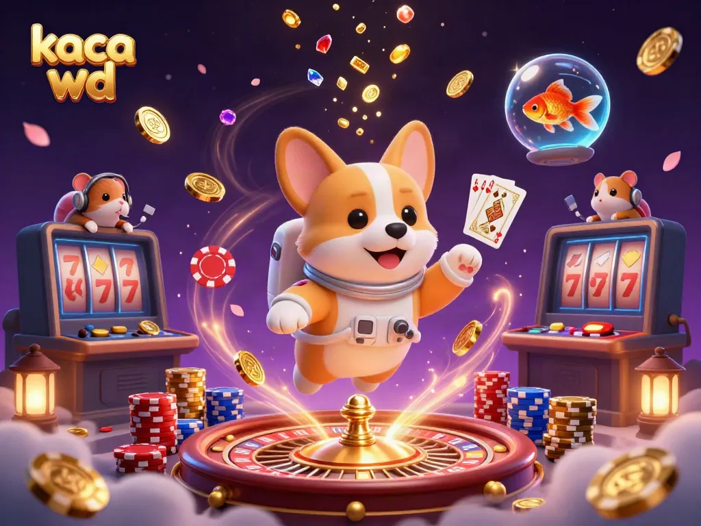 Dalam kasino luar angkasa, kaca wd menyebar koin emas dan chip poker, dibawakan dengan karakter 3D yang unik.