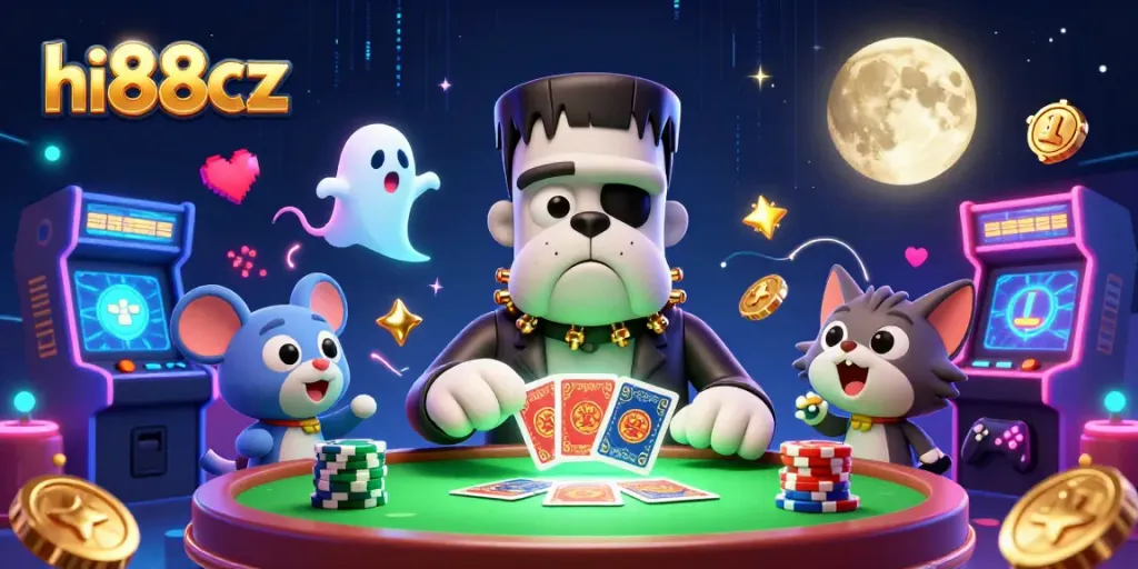 Engage in thrilling card games with hi88cz featuring a 3D Frankenstein bulldog at a spooky casino table.