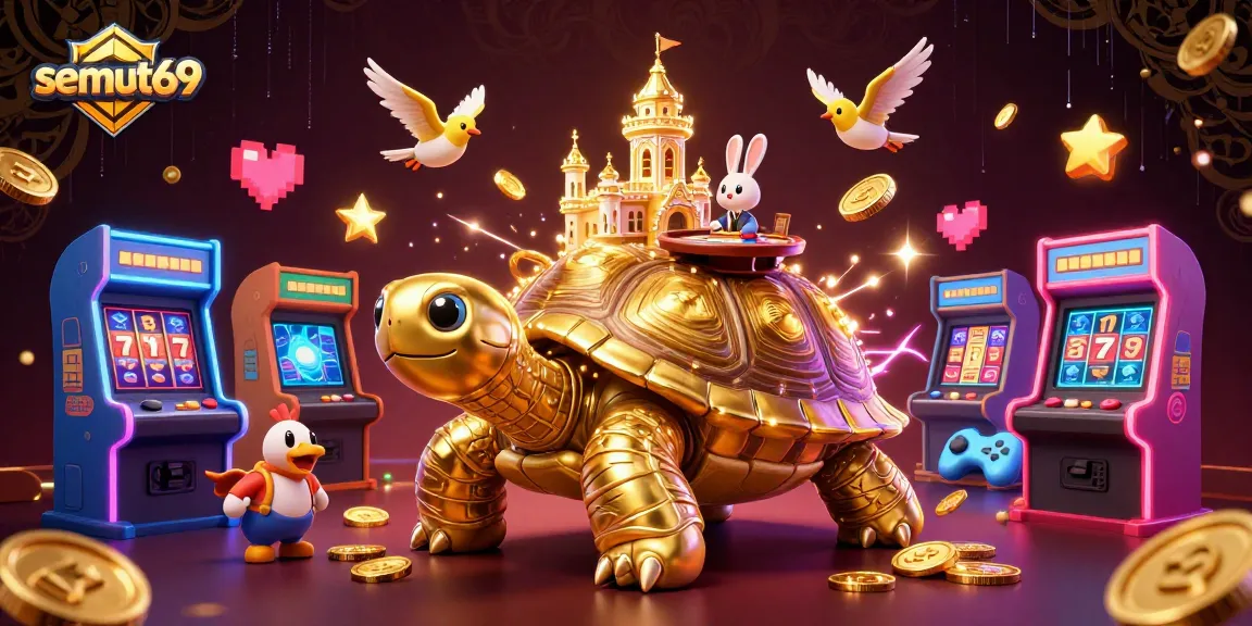 Semut69 menghadirkan ilustrasi kasino 3D yang megah dengan kura-kura emas dan dealer kelinci.