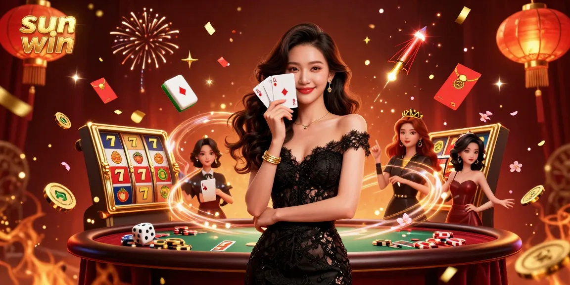 Experience the thrill of sun win with a stunning Asian woman in a casino, fanned playing cards and dynamic game elements.