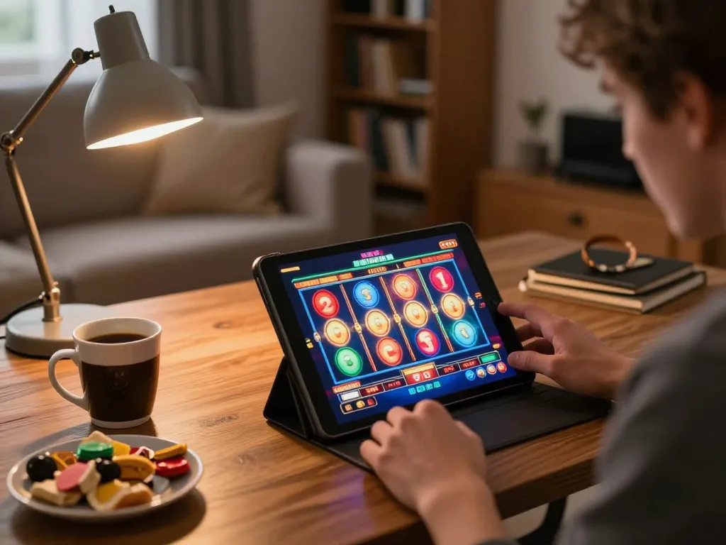Player enjoying SIS4D slot games on a tablet in a cozy home setup with snacks and drinks.