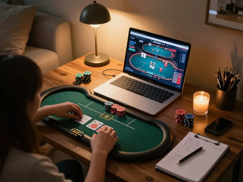 Sepuhplay players engaging in strategic poker gameplay at home with cozy lighting.