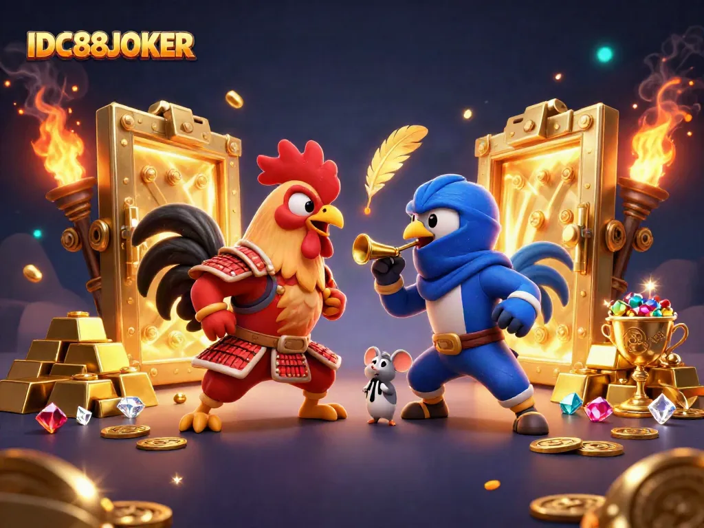Experience the thrilling showdown of roosters in samurai and ninja gear at IDC88JOKER, surrounded by treasures.