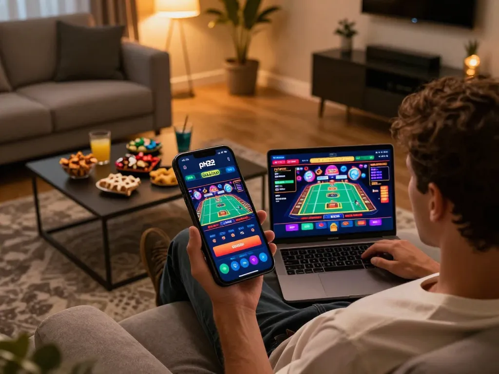 Player engaging with ph22 online casino app on smartphone, highlighting modern gaming atmosphere and strategic play.
