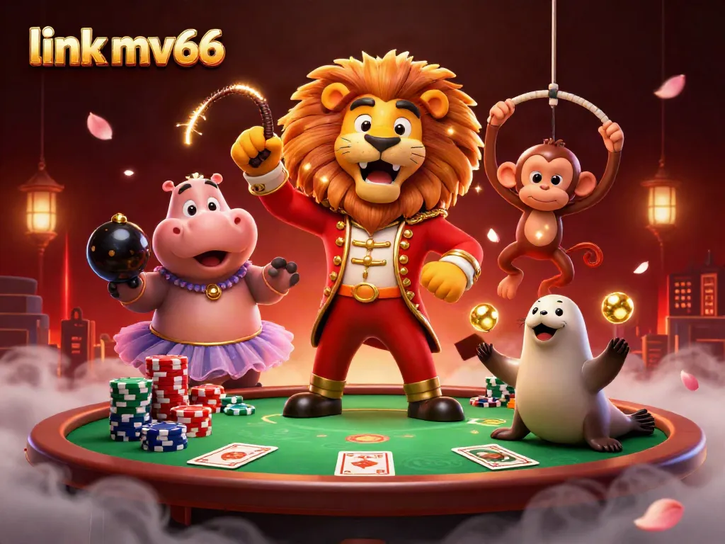 Engage in thrilling gameplay with link mv66 featuring a vibrant circus-themed digital casino scene full of dynamic characters and poker elements.