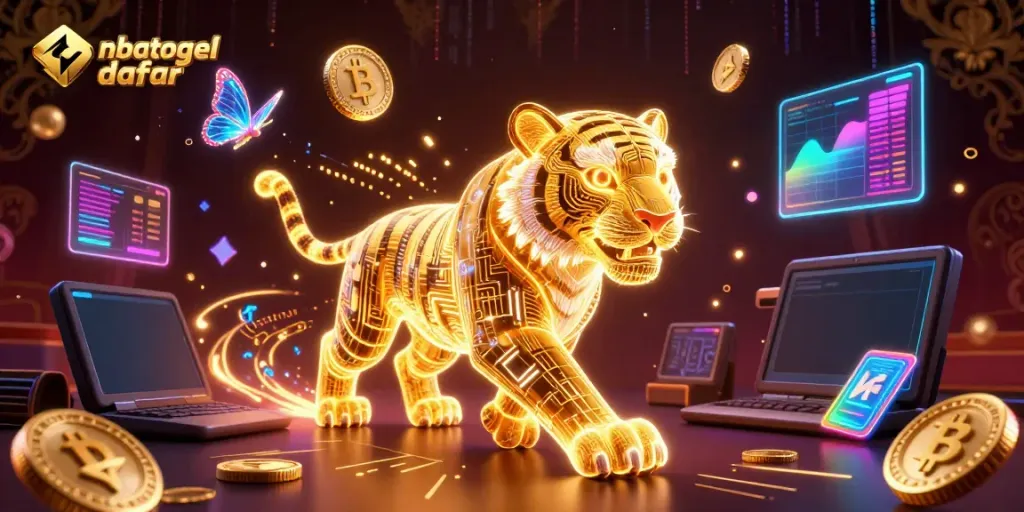 Rasakan keseruan nbatogel daftar dalam ilustrasi kasino digital dengan harimau emas neon.
