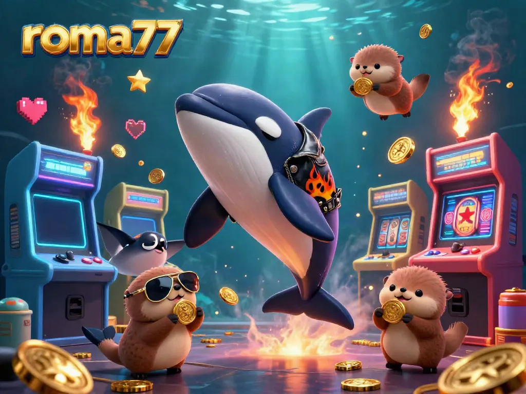 Slot gacor menarik di roma77 dengan orka berjaket kulit dan koin emas dari berang-berang laut.