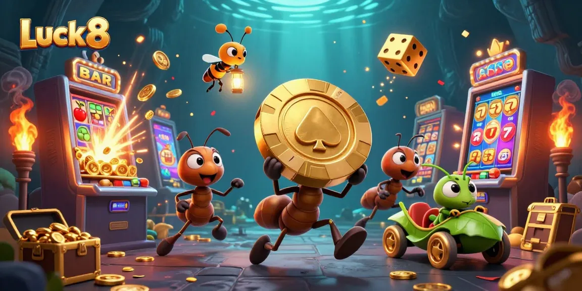 Luck8 ants execute a casino heist with a giant poker chip amid bursting jackpots and vibrant game elements.