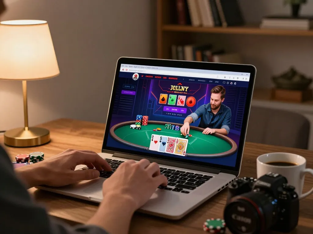 Engaged player enjoying go8 online poker game on laptop, showcasing interactive gaming experience