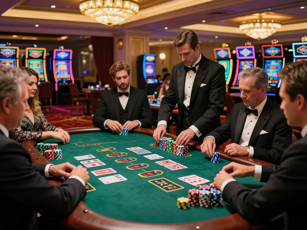 Suasana menarik pemain di meja blackjack deluna4d dengan pencahayaan kasino yang cerah.
