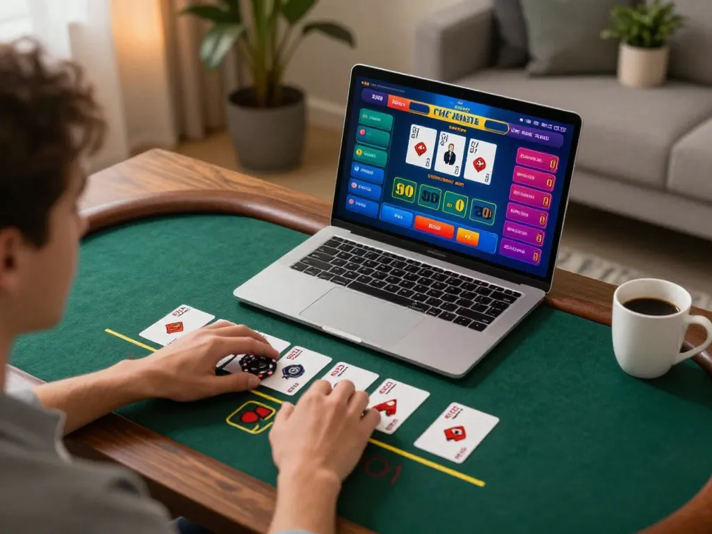 Player engaging in online blackjack on a laptop, showcasing Ga28's dynamic gaming experience.