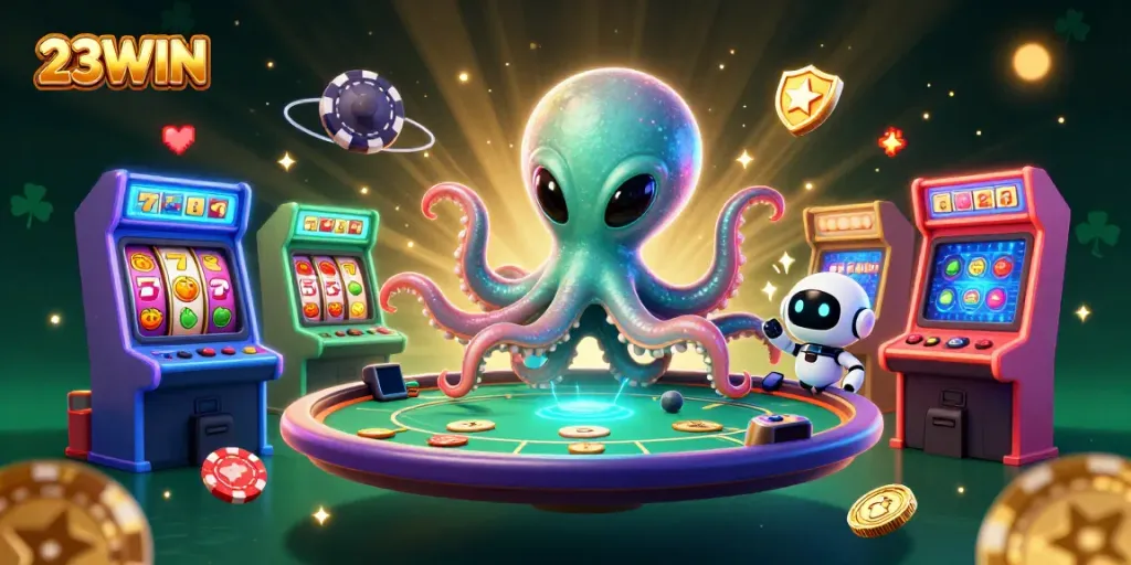 Experience thrilling slots action with 23WIN in a vibrant alien casino scene.