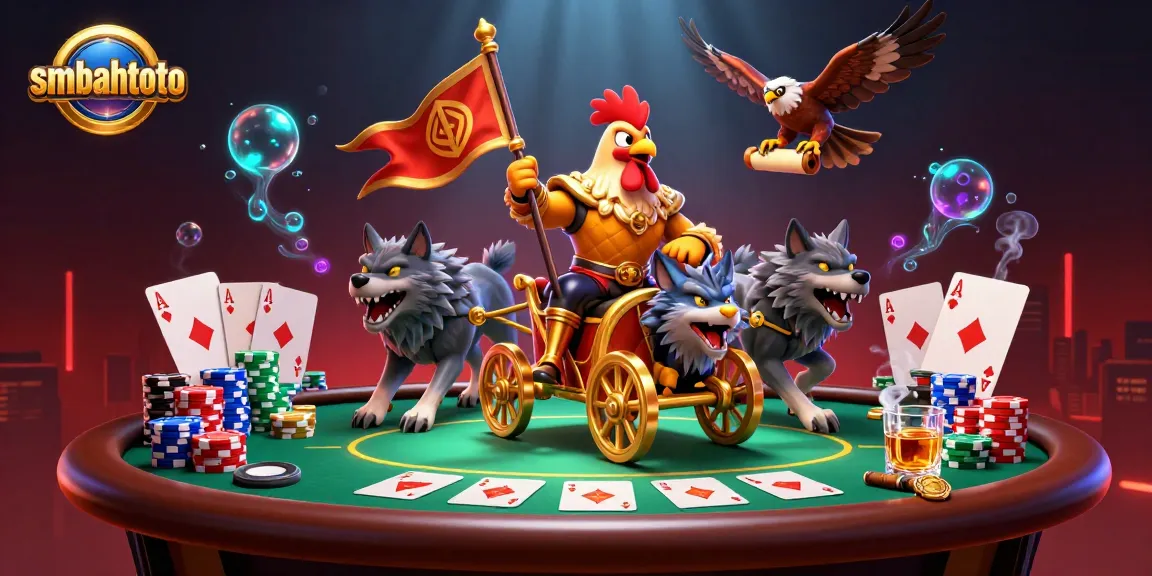 Join the thrilling action of sembahtoto with a vibrant 3D illustration featuring a rooster warlord and poker tables.