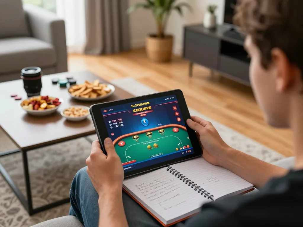 Engaging online gaming experience with LGOSUPER casino app on tablet in cozy home setting.