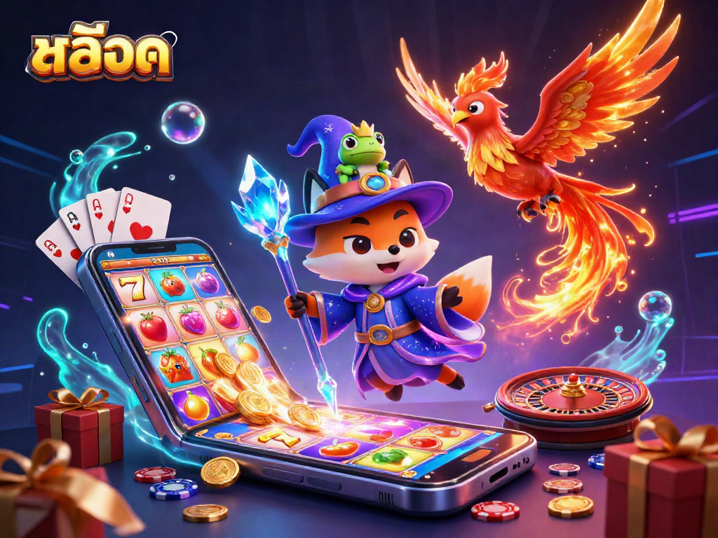 Engage with สล็อต through a vibrant 3D illustration of a mystical wizard fox and phoenix in a casino-themed scene.
