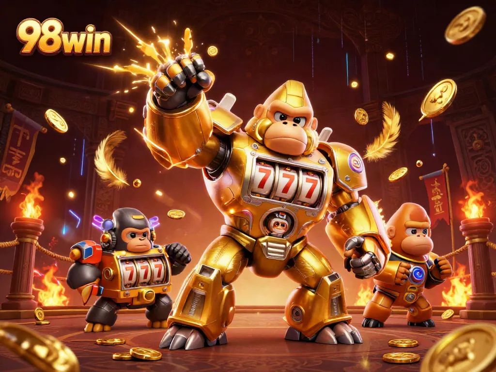 Engage with 98win in an electrifying 3D casino scene featuring a golden gorilla mech.