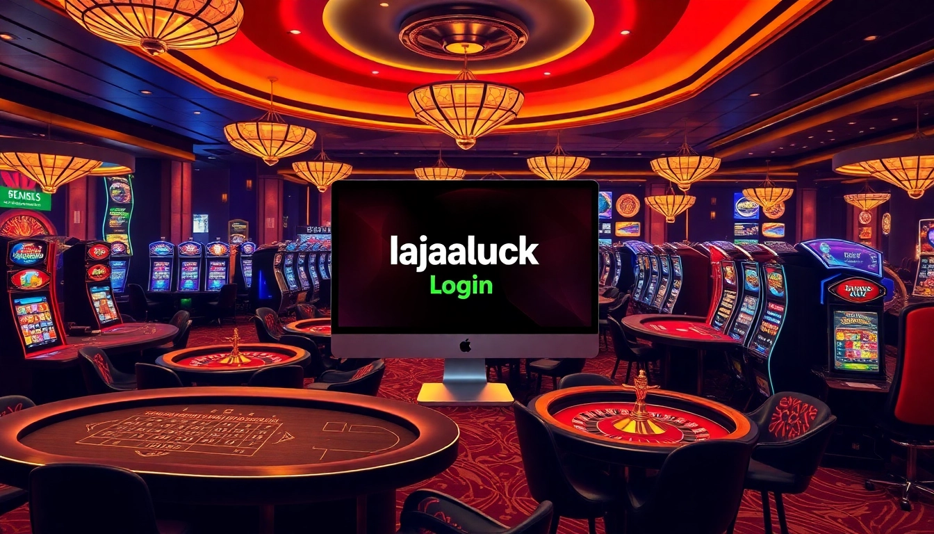Engage with a thrilling Rajaluck Login scene at a luxurious casino, featuring vibrant games and a sleek online platform.