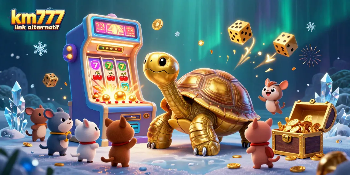 Experience excitement with km777 link alternatif in a vibrant casino game scene featuring a golden tortoise and slot machine.