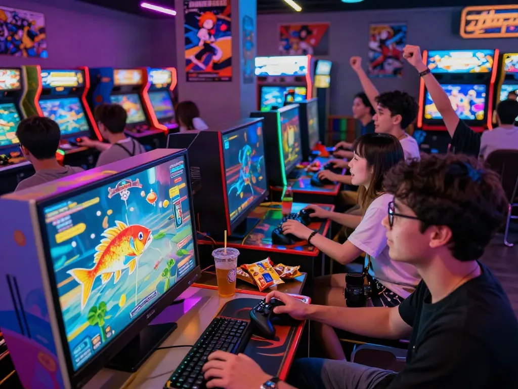Engaging scene of friends playing lại là Bắn cá đổi thưởng in an arcade, showcasing colorful graphics and competitive atmosphere.
