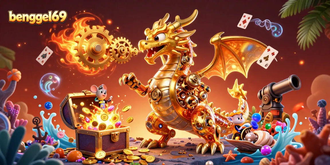 bengkel69 captivates gamblers with a golden dragon, coins, and vibrant game elements in a dynamic 3D scene