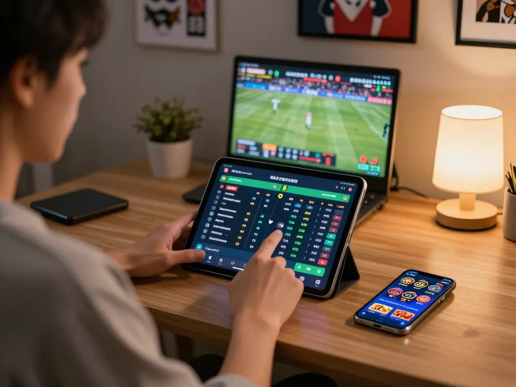 Engaging in live betting through LGOLUX mobile app at a cozy home office, capturing modern gambling lifestyle