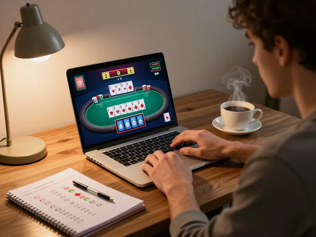 Engaged player exploring kuwin poker strategies on a laptop at home, showcasing a cozy gaming setup