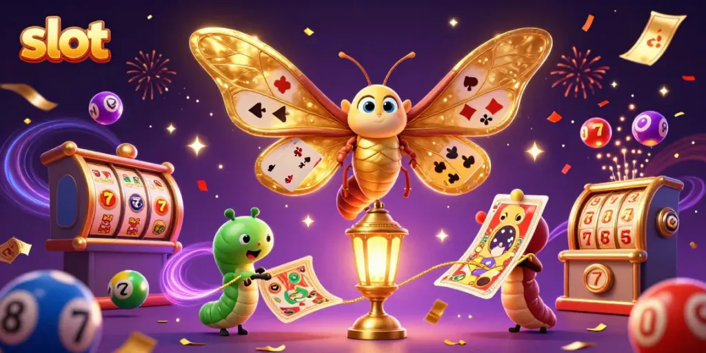 Experience the thrill of slot games with vibrant scenes featuring colorful lottery balls and slot reels.