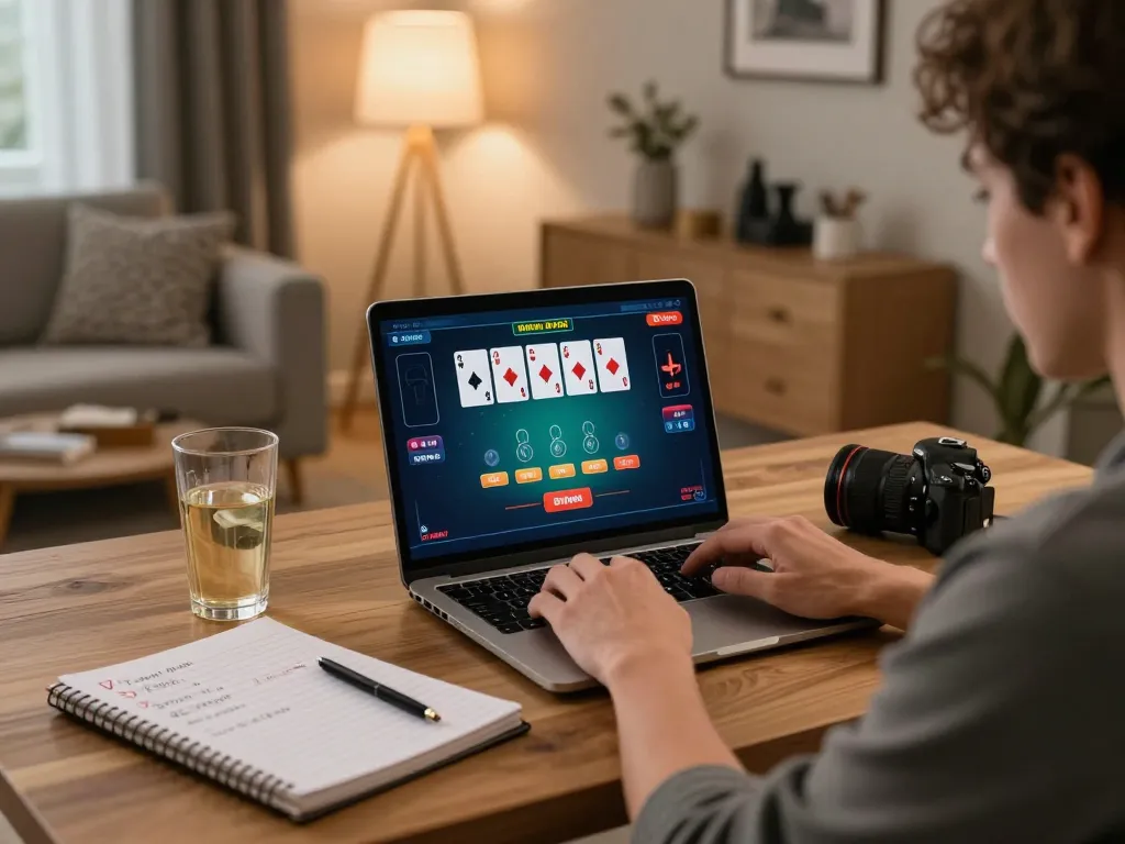 Player analyzing blackjack strategy while gaming online on 98win from a cozy home setup.