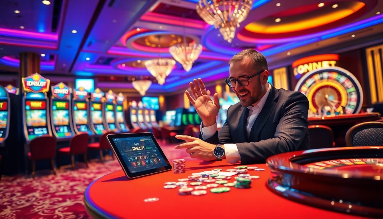 Engage with idnslot on a vibrant casino floor showcasing slot machines and high-stakes gaming.