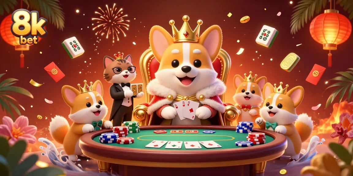 Play exciting games at 8k bet with a royal corgi, poker chips, and action-packed casino elements
