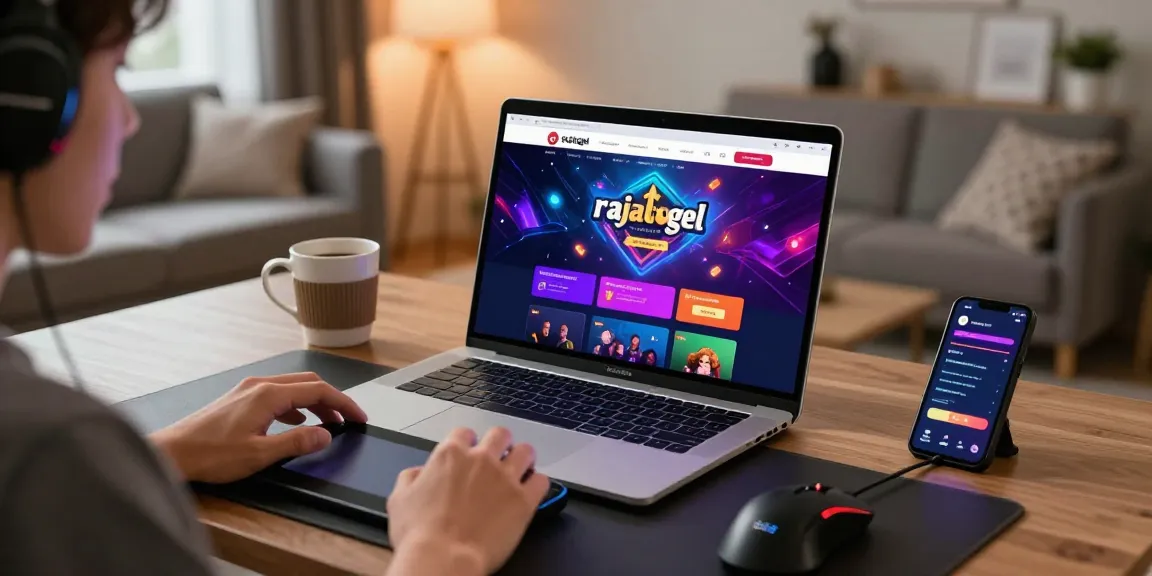 Pengguna aktif di rajatogel, laptop menunjukkan antarmuka taruhan, suasana nyaman di ruang tamu.
