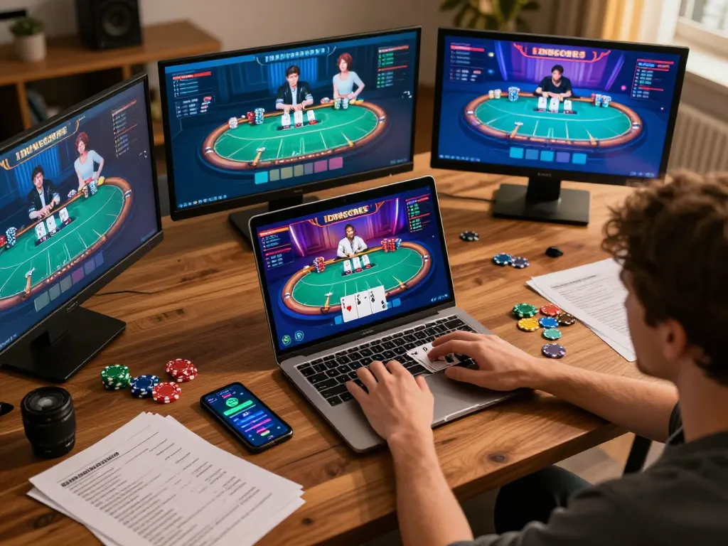 IDNSCORE player strategizing during a competitive online poker session with multiple screens visible.