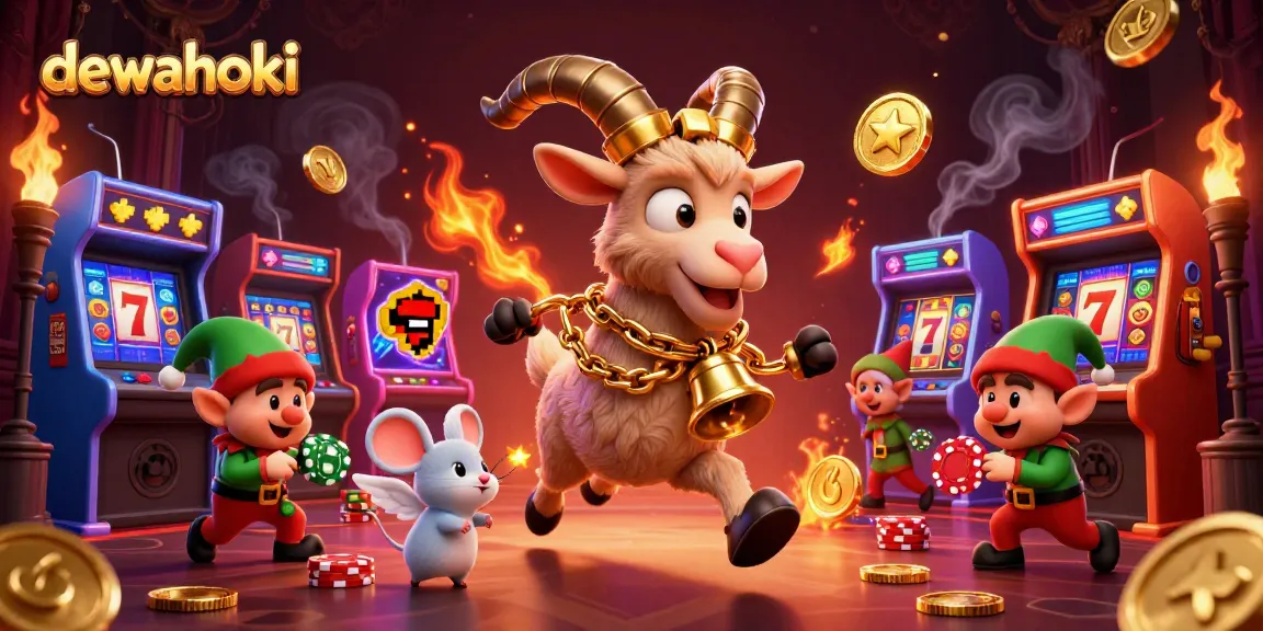 Experience thrilling gameplay at dewahoki with vibrant slot machines, a chaotic casino scene, and festive characters.