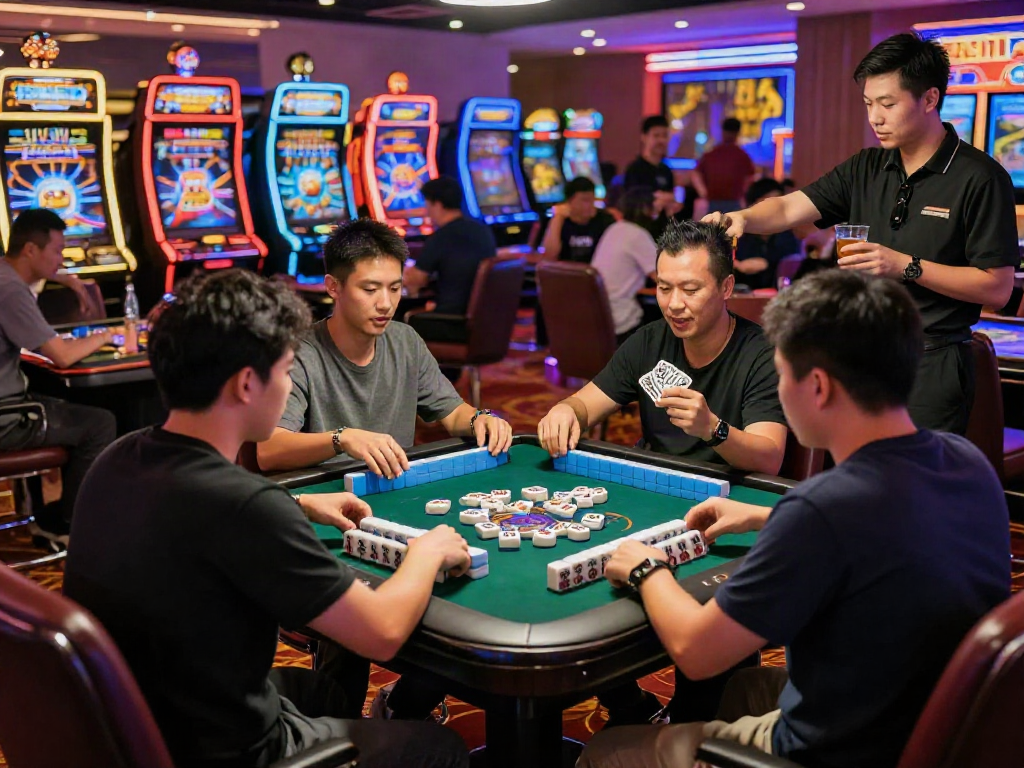 Slot MAHJONGJP88 gaming scene with players engaged in a lively Mahjong game in a colorful casino.