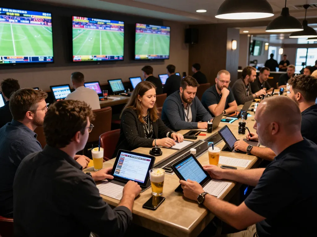 Engaging scene at https://ta88at.com/ showing enthusiastic bettors in sports betting lounge cheering for live events on large screens.