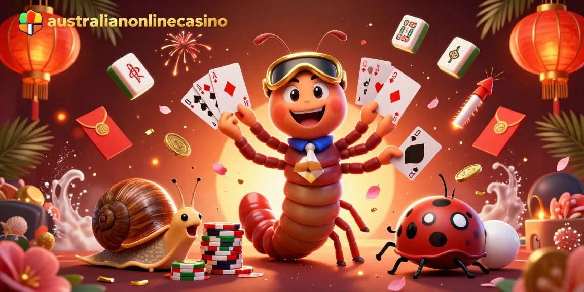Experience the vibrant action of australianonlinecasino with a whimsical millipede dealer and high-roller snail.