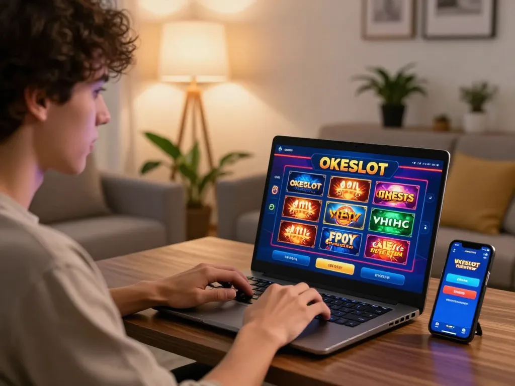 Engaging player using OKESLOT for online slots in a cozy living room.