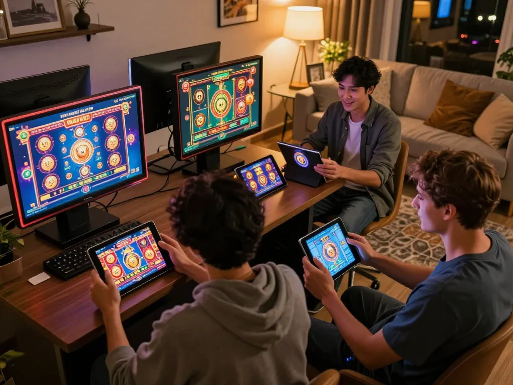 SATRIA123 players enjoying an online slot game session in a cozy, modern setup with tablets.