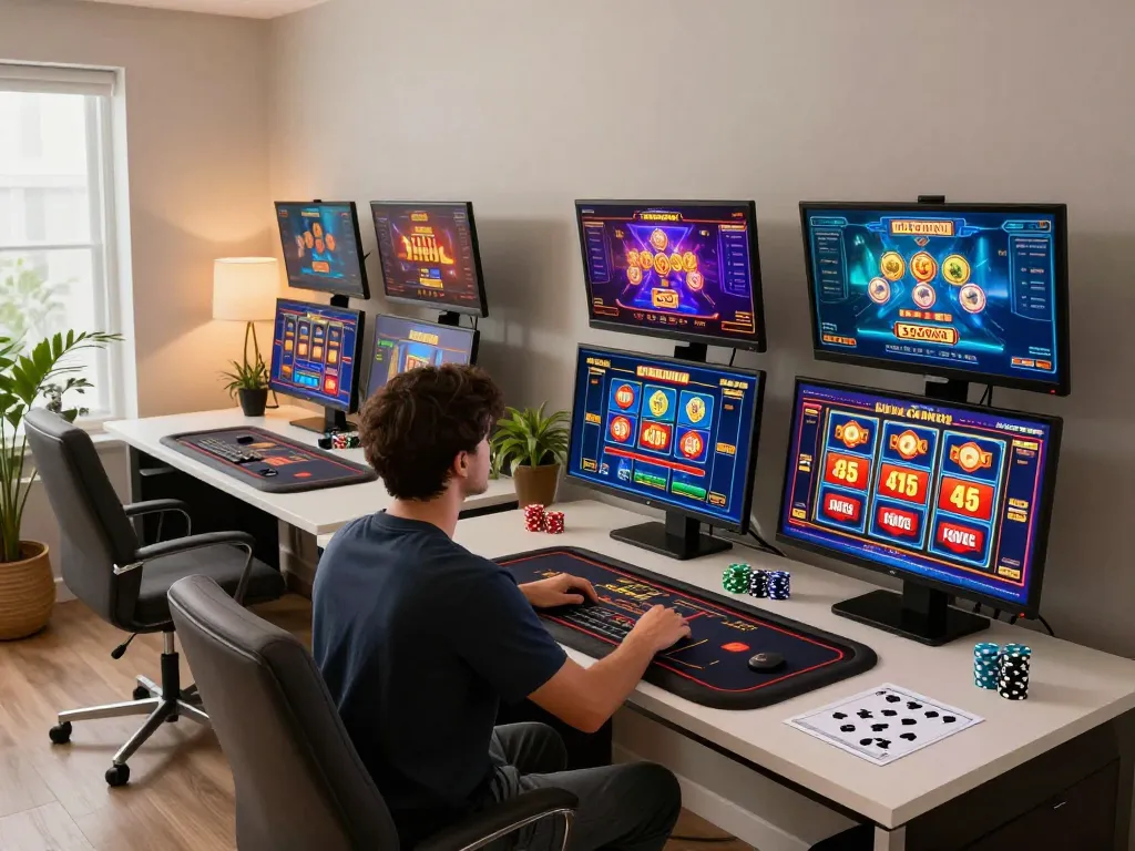 Player enjoying online casino games at home with ledaonline, showcasing vibrant graphics and engaging gameplay.